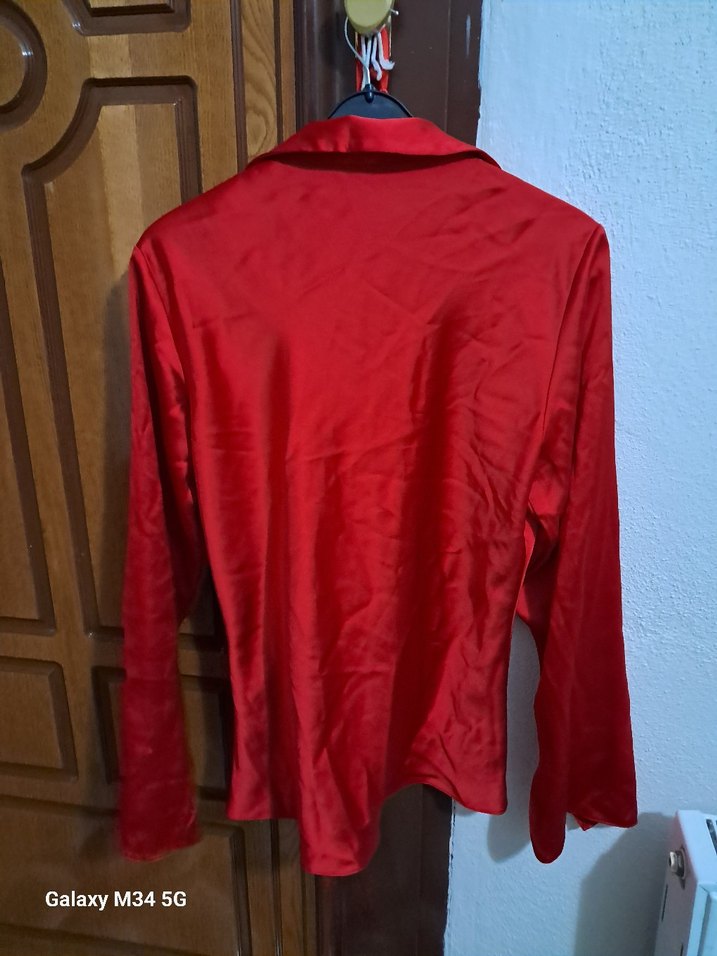 Parlak Kırmızı Kadın Saten Gömlek - Görsel 4