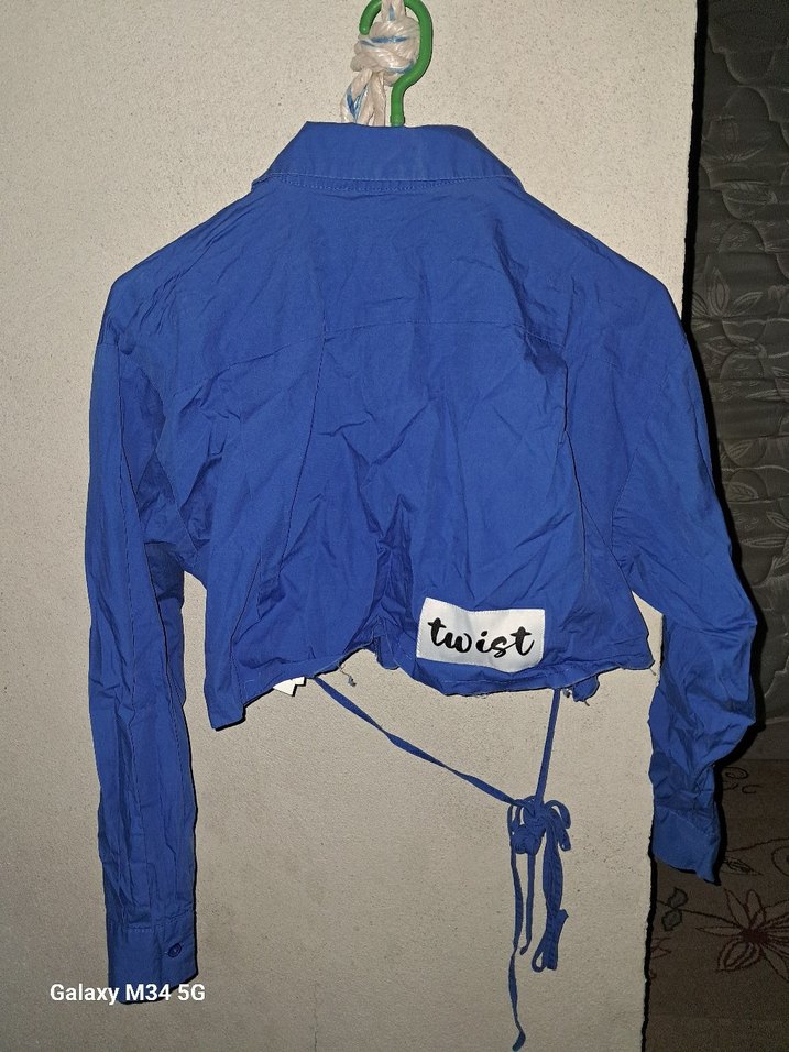 Mavi Keten Gömlek, Düğmeli, Uzun Kollu - Görsel 3