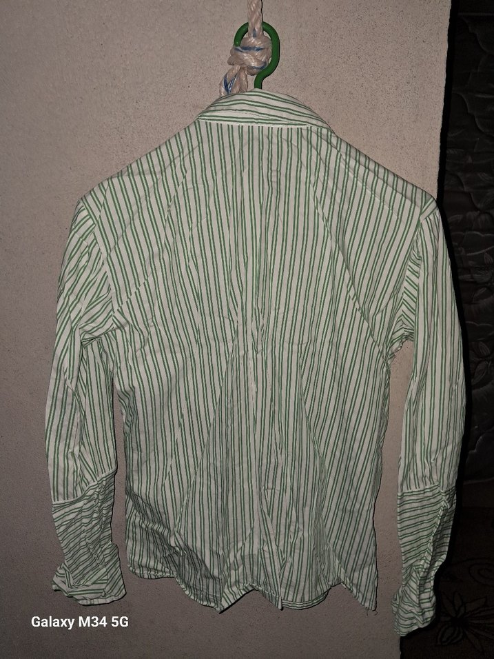 Düğmeli Yeşil Çizgili Kadın Keten Gömlek - Görsel 2