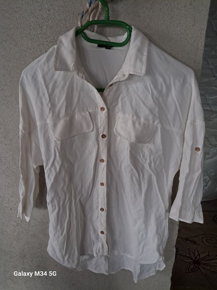 Düğmeli Beyaz Keten Kadın Gömlek - Görsel 2