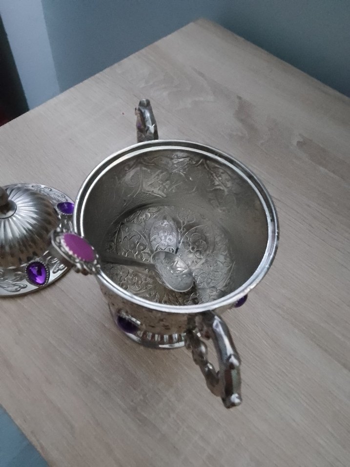 Mor Taşlı İşlemeli Gümüş Şekerlik - Görsel 2