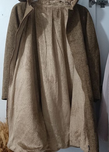 taba rengi  Kapüşonlu Midi Yün Kadın Kaban içi kürklü - Görsel 2