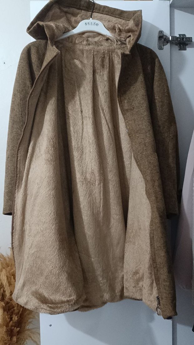 taba rengi  Kapüşonlu Midi Yün Kadın Kaban içi kürklü - Görsel 2