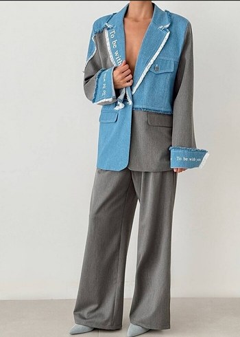 Quzu QUZU Gri Denim Ceket, Düğmeli, Baskılı Takım