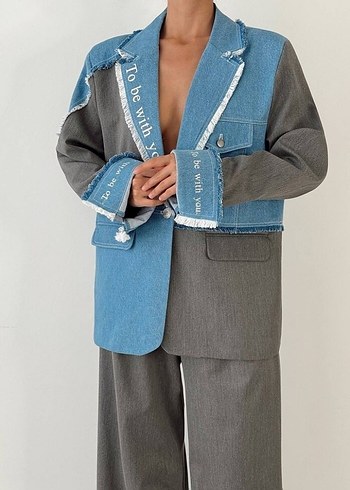 QUZU Gri Denim Ceket, Düğmeli, Baskılı Takım