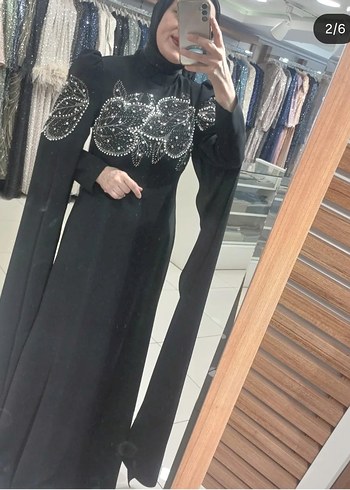 Abiye Tesettür Siyah İşlemeli Uzun Kollu Abiye Elbise
