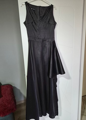 Siyah V Yakalı Drapeli Uzun Abiye Elbise - Görsel 3