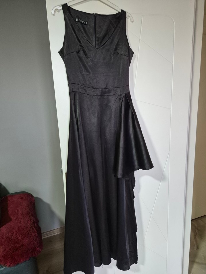 Siyah V Yakalı Drapeli Uzun Abiye Elbise - Görsel 3