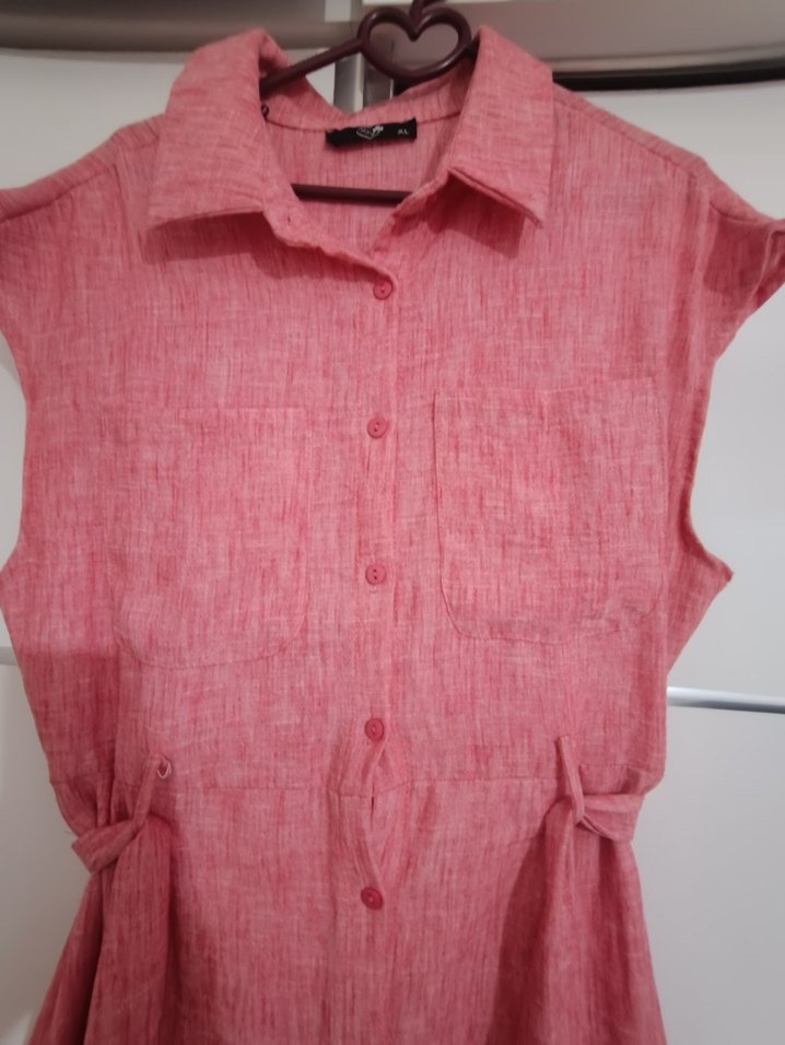 Pembe Keten Midi Elbise, Kemerli, Kolsuz - Görsel 2