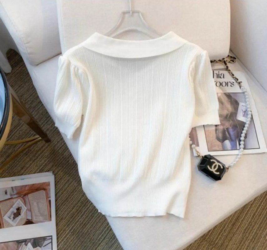 Ekru Düğmeli Beyaz Kısa Kollu Pamuklu Bluz - Görsel 2