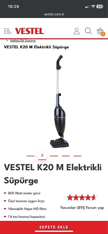  Beden Vestel K20 M elektrikli süpürge