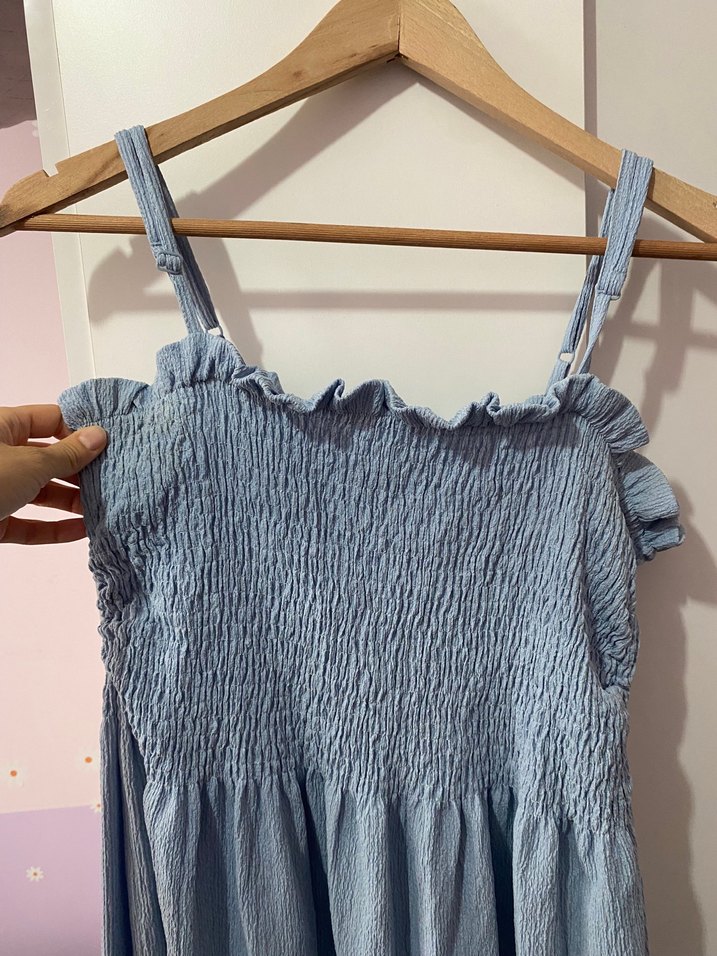 Mavi Askılı Midi Keten Elbise - Görsel 2