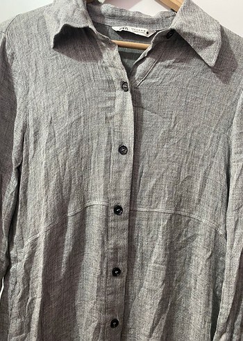 Gri Uzun Kollu Keten Midi Gömlek - Görsel 3