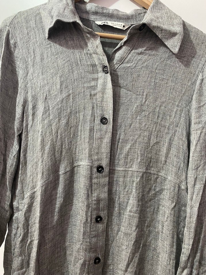 Gri Uzun Kollu Keten Midi Gömlek - Görsel 3