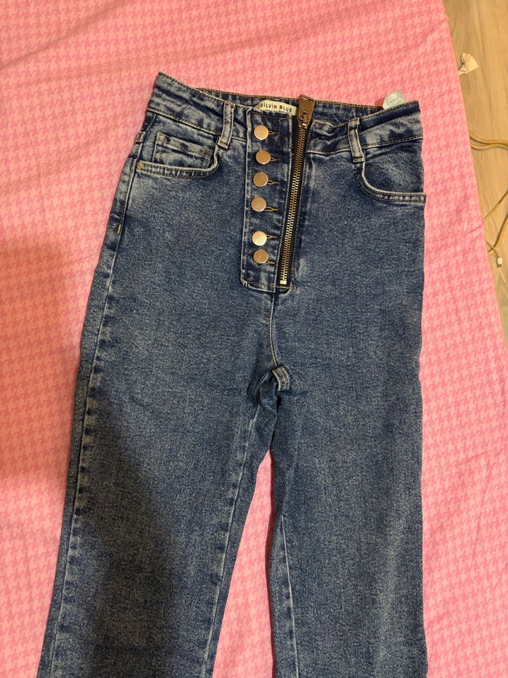 Düğmeli Mavi Denim Kadın Jean - Görsel 3