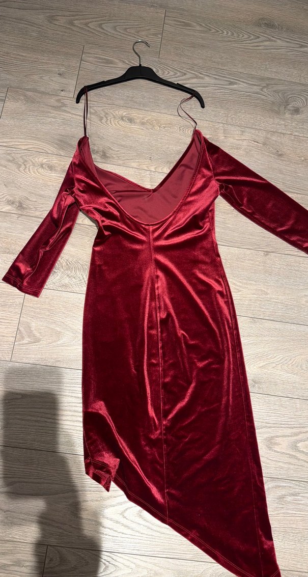 Bordo Uzun Kol Drapeli Kadın Abiye Elbise - Görsel 2