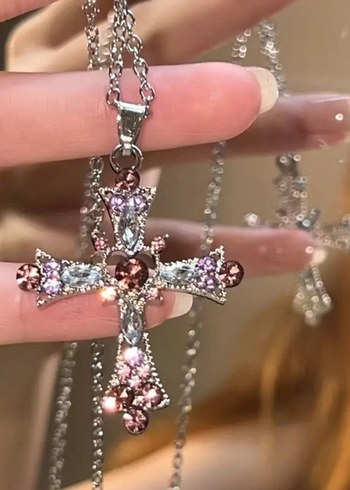 Rhinestone Pembe Haç Kolye