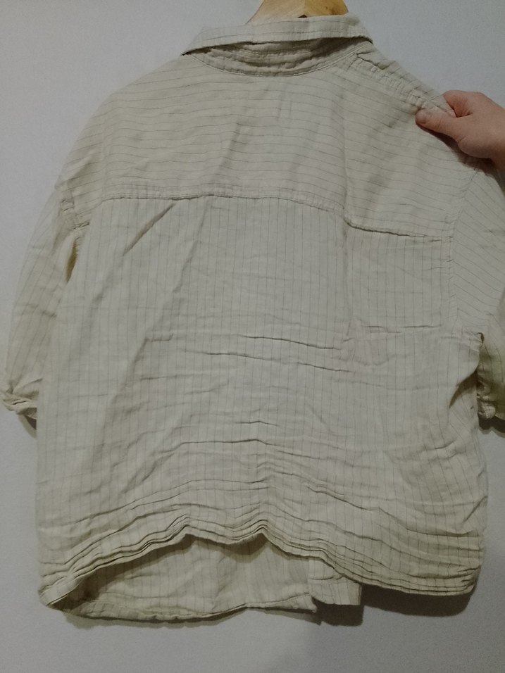 Bej Keten Kadın Gömlek, Kısa Kollu, Düğmeli - Görsel 3