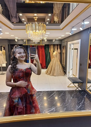 Kırmızı Straplez Bohem Uzun Abiye Elbise - Görsel 7