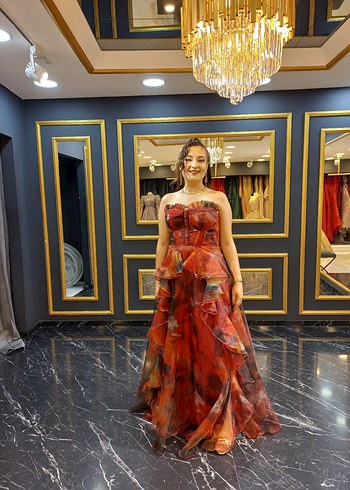 Kırmızı Straplez Bohem Uzun Abiye Elbise - Görsel 5