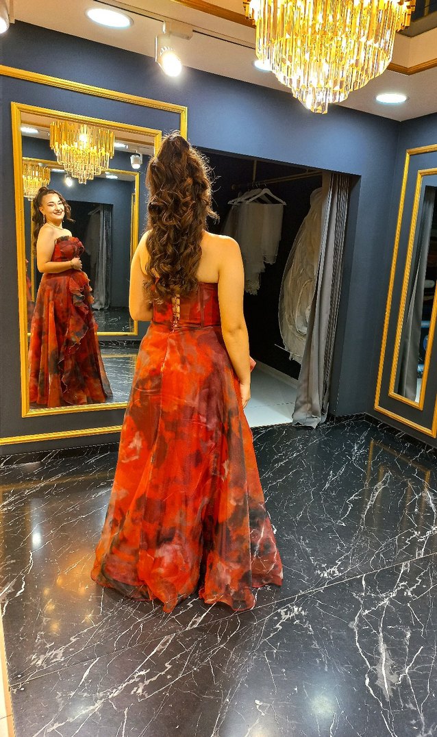 Kırmızı Straplez Bohem Uzun Abiye Elbise - Görsel 3