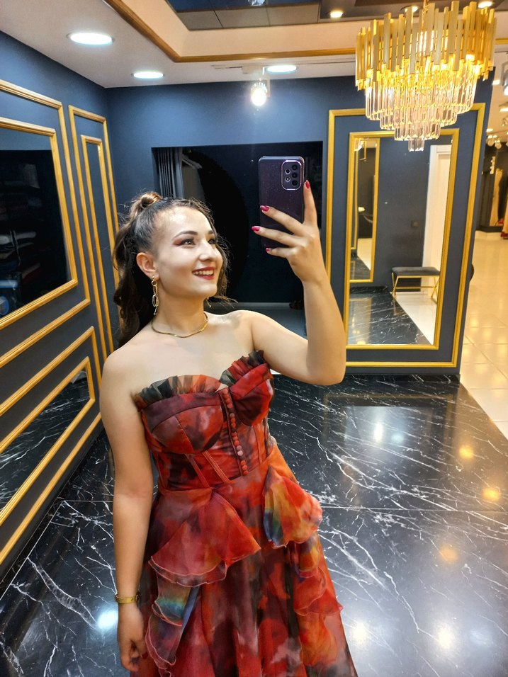 Kırmızı Straplez Bohem Uzun Abiye Elbise - Görsel 2