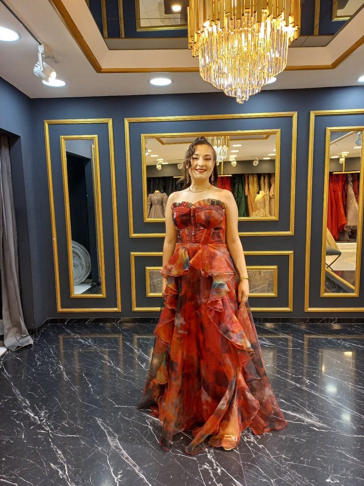 Kırmızı Straplez Bohem Uzun Abiye Elbise - Görsel 5