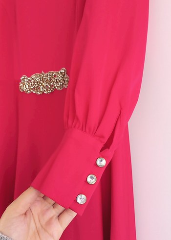 Pembe şifon  uzun kollu abiye - Görsel 5