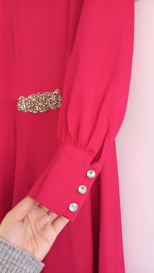 Pembe şifon  uzun kollu abiye - Görsel 5