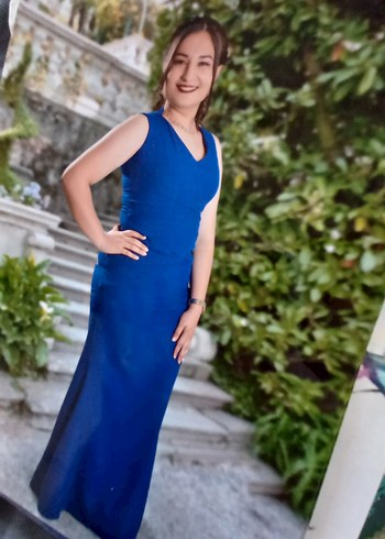 Mavi Uzun Pilili V Yaka Abiye Elbise - Görsel 6