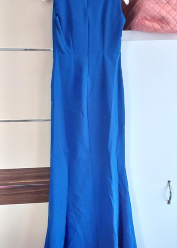 Mavi Uzun Pilili V Yaka Abiye Elbise - Görsel 4