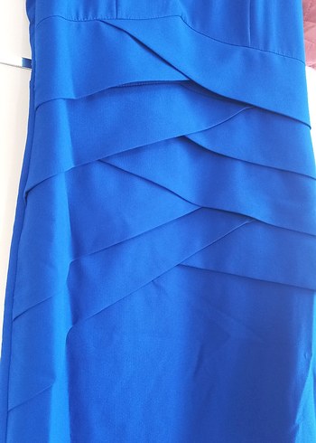 Mavi Uzun Pilili V Yaka Abiye Elbise - Görsel 2