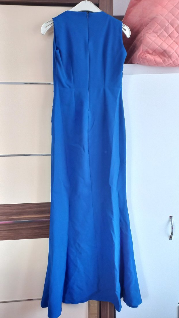 Mavi Uzun Pilili V Yaka Abiye Elbise - Görsel 4