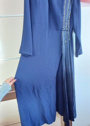 Drapeli Mavi Uzun Abiye Elbise - Görsel 8