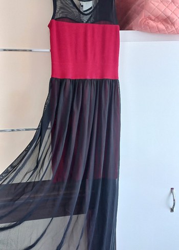 Kırmızı Siyah Uzun Drapeli Elbise - Görsel 6