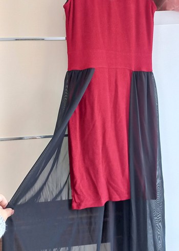 Kırmızı Siyah Uzun Drapeli Elbise - Görsel 2