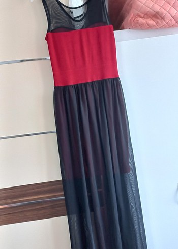 Kırmızı Siyah Uzun Drapeli Elbise - Görsel 5
