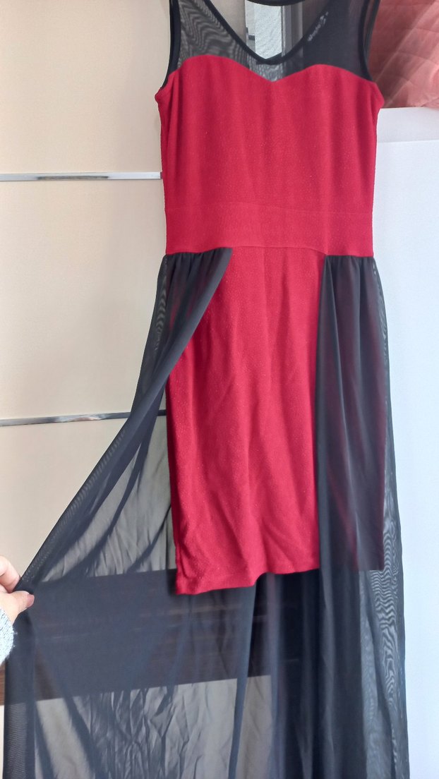 Kırmızı Siyah Uzun Drapeli Elbise - Görsel 2