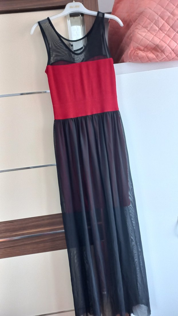 Kırmızı Siyah Uzun Drapeli Elbise - Görsel 5