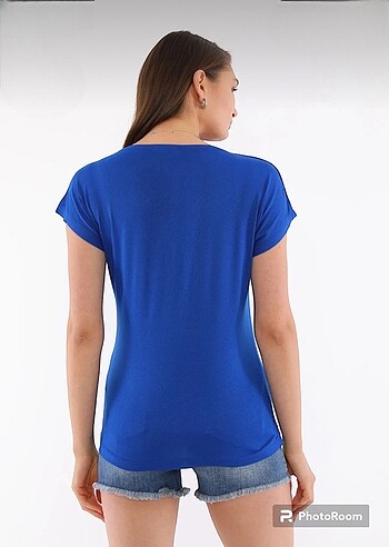 Zara Mavi V yaka düşük kol basic tshirt