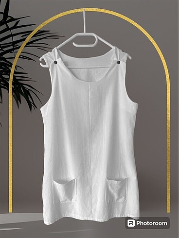 Beyaz keten yazlık mini elbise tunik