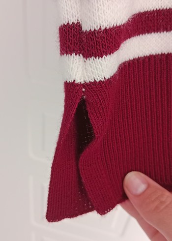 Bordo Çizgili Uzun Kollu Salaş Triko Kazak - Görsel 4