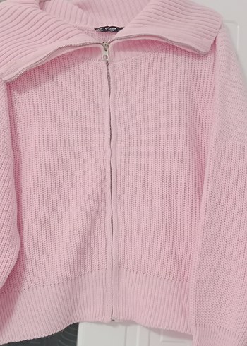 Pembe Örgü Fermuarlı Kadın Triko - Görsel 2