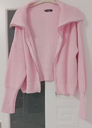 Pembe Örgü Fermuarlı Kadın Triko - Görsel 4