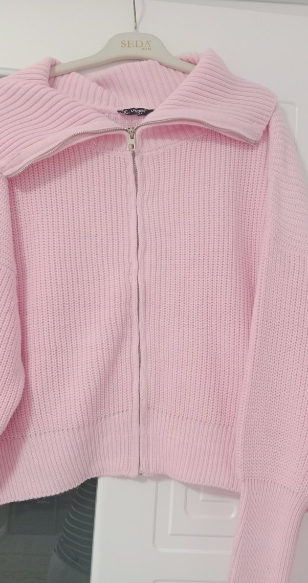 Pembe Örgü Fermuarlı Kadın Triko - Görsel 2