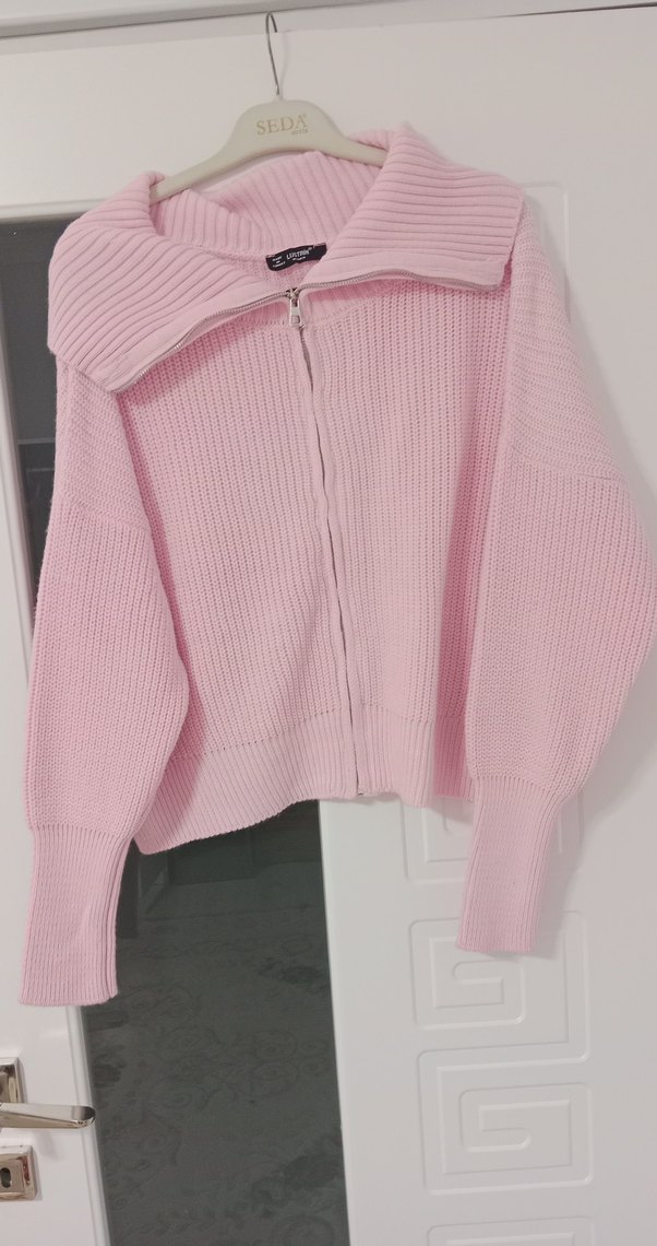 Pembe Örgü Fermuarlı Kadın Triko - Görsel 3