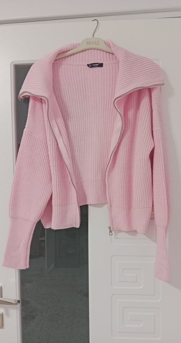 Pembe Örgü Fermuarlı Kadın Triko - Görsel 4