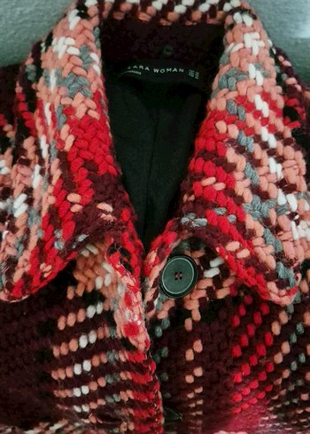 Zara Bordo Desenli Örgü Kadın Midi Kaban Zara
