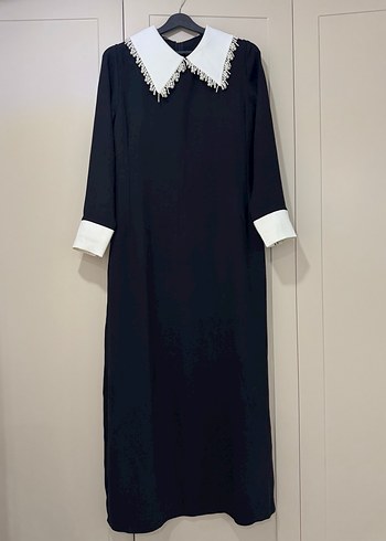 Siyah Uzun Kollu incili elbise - Görsel 2