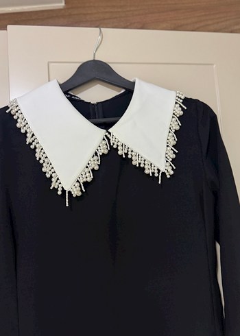 Siyah Uzun Kollu incili elbise - Görsel 3